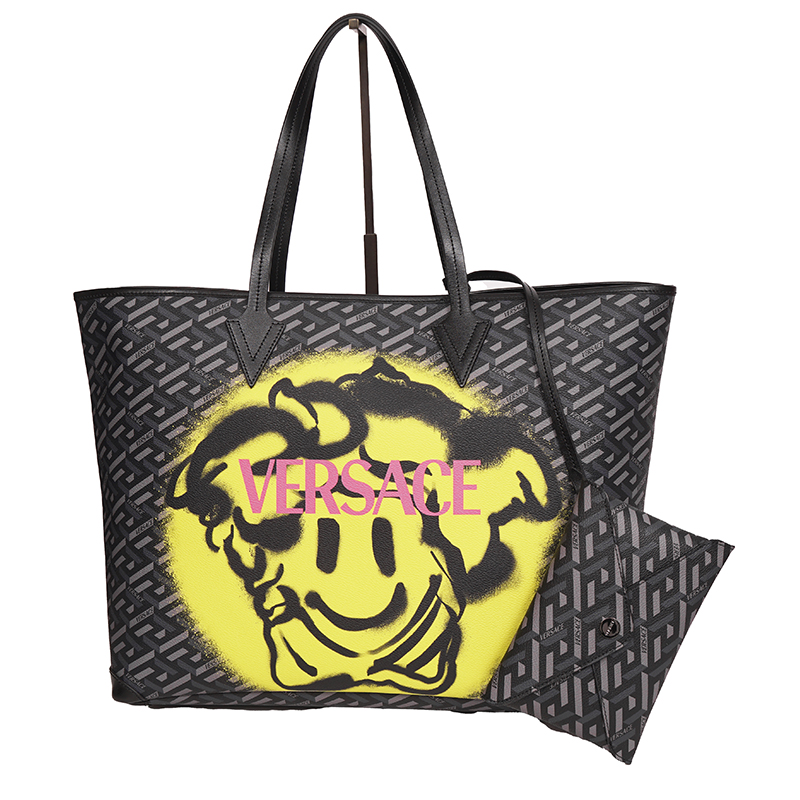 NEW $1450 VERSACE La Greca SMILEY MEDUSA YELLOW GRAFFITI Canvas