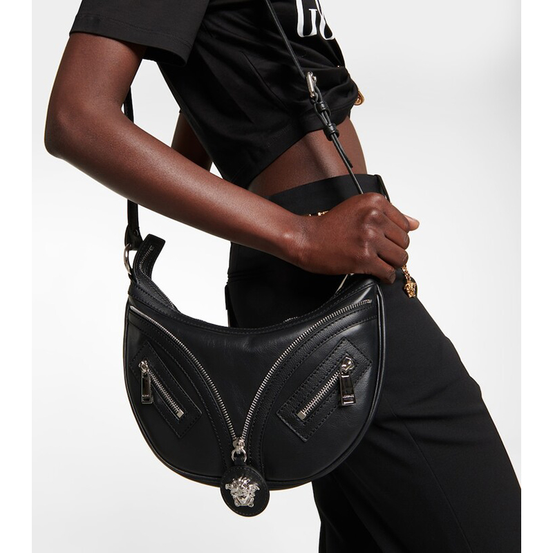 NEW VERSACE $1995 Black Leather RUNWAY REPEAT HOBO Small BAG