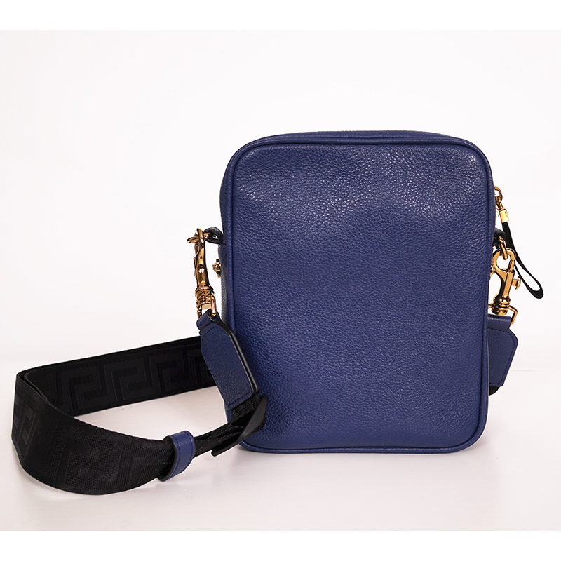 NEW $1,400 VERSACE Men Blue Leather GOLD MEDUSA LOGO