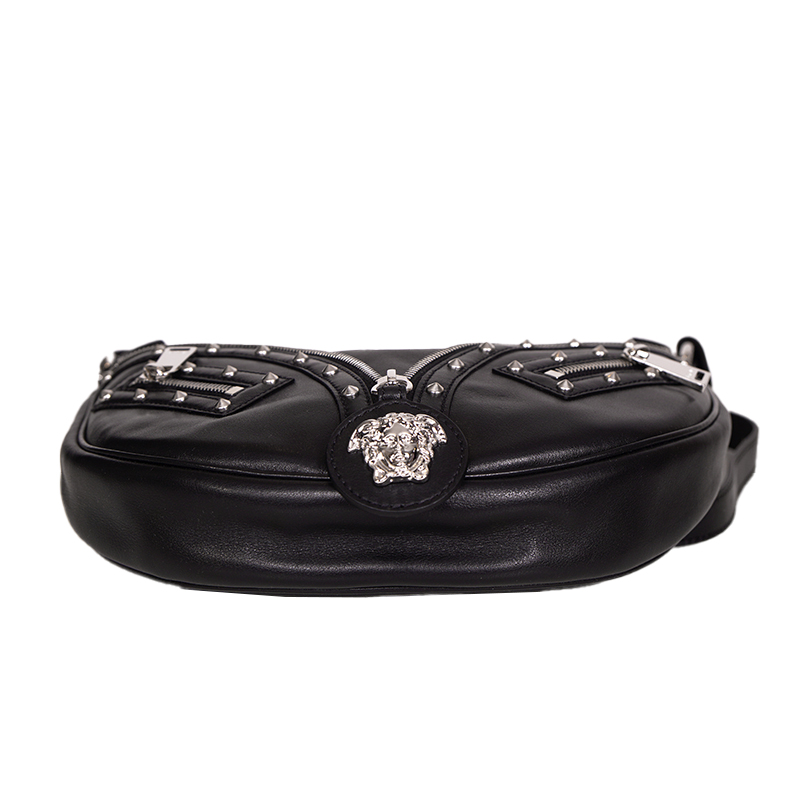 NEW VERSACE $2,175 Black Leather STUDDED RUNWAY REPEAT HOBO