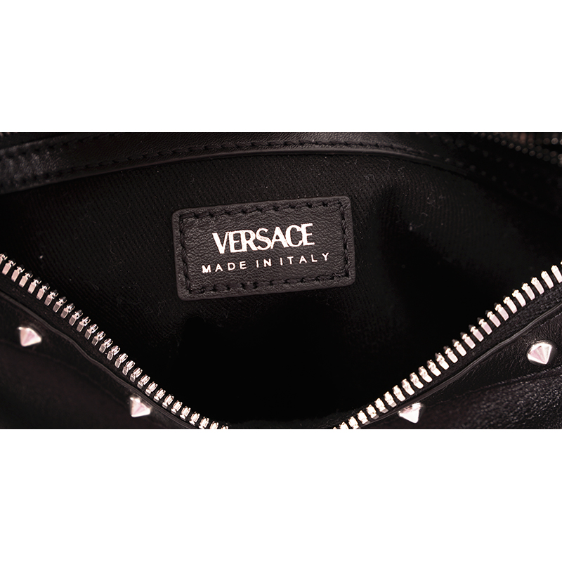 NEW VERSACE $2,175 Black Leather STUDDED RUNWAY REPEAT HOBO