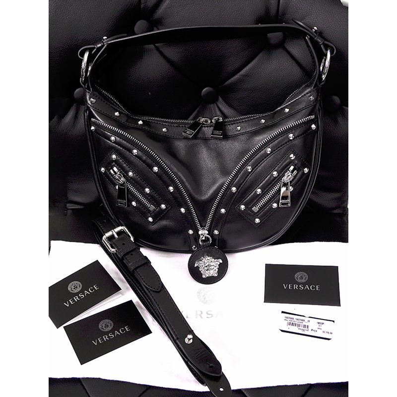 NEW VERSACE $2,175 Black Leather STUDDED RUNWAY REPEAT HOBO