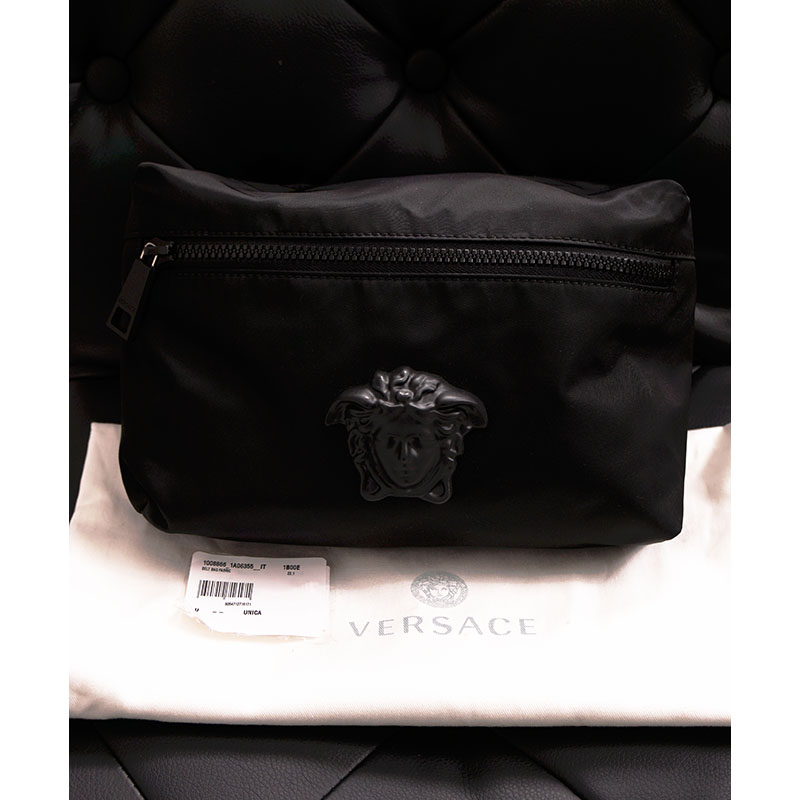 NEW $900 VERSACE Men's Black Nylon LA MEDUSA LOGO Sling Belt
