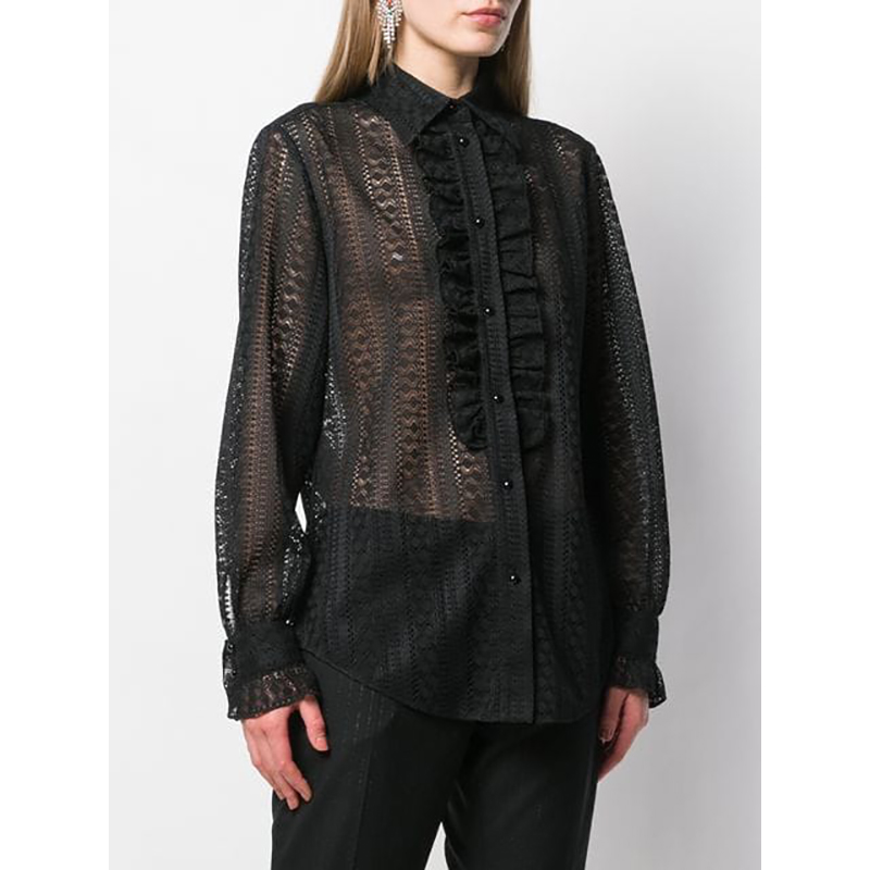 46 NEW $1195 GUCCI Black SHEER LACE Button Front Long Sleeve