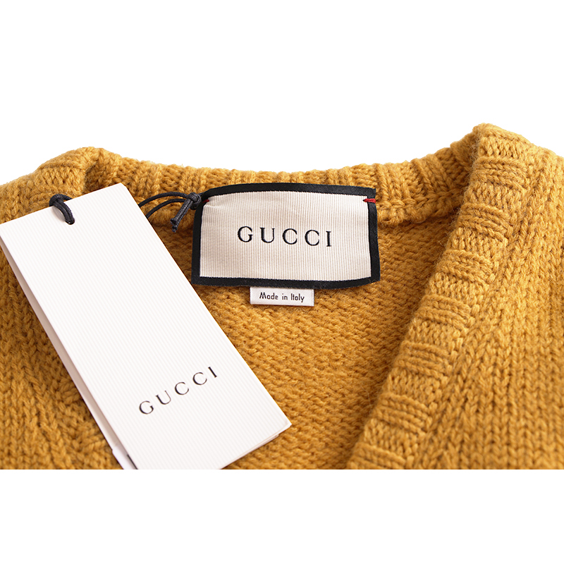 M NEW $980 GUCCI Men Mustard Yellow Wool Knit GAME GG LOGO PATCH V