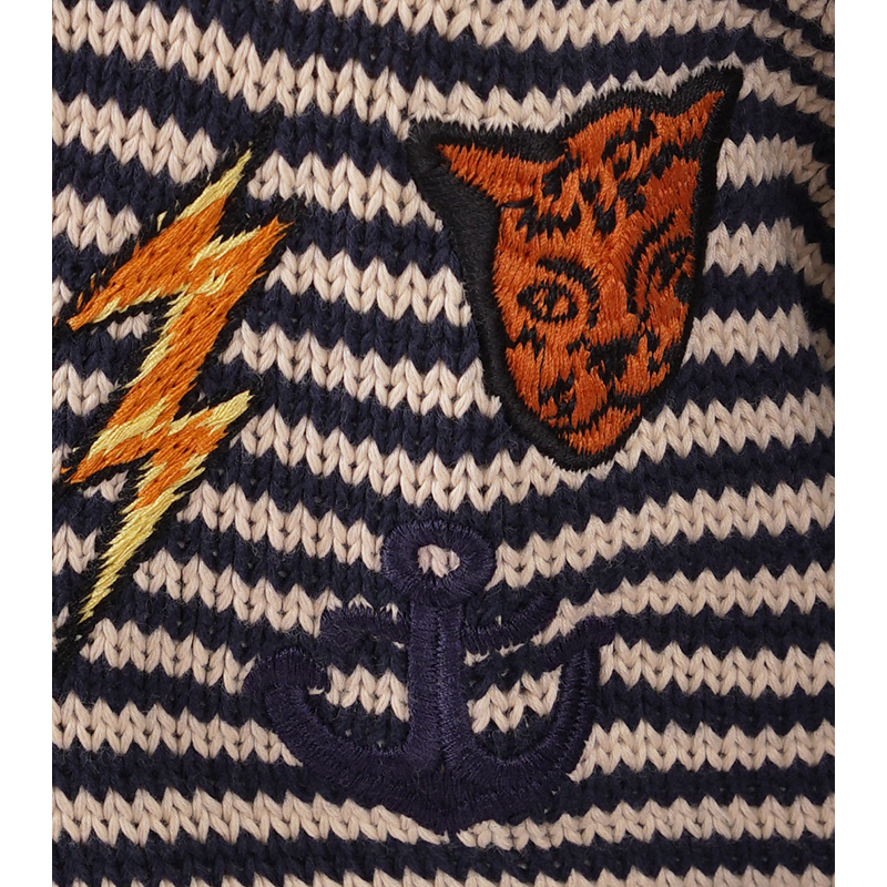 S NEW $1450 GUCCI Mens Beige Navy Stripe BEE SNAKE CAT LOGO V Neck