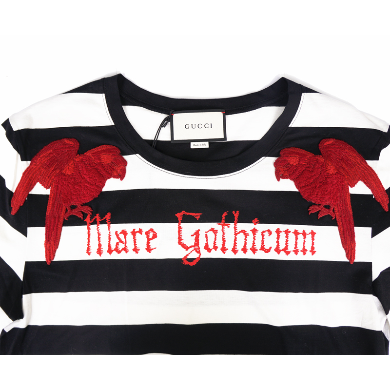 sz S NEW $995 GUCCI MENS Black & White Striped RED EMBROIDERY