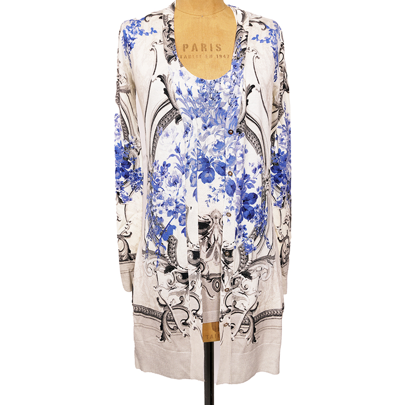 44/46 NEW $2K ROBERTO CAVALLI Ivory FLORAL BAROQUE CARDIGAN & TOP