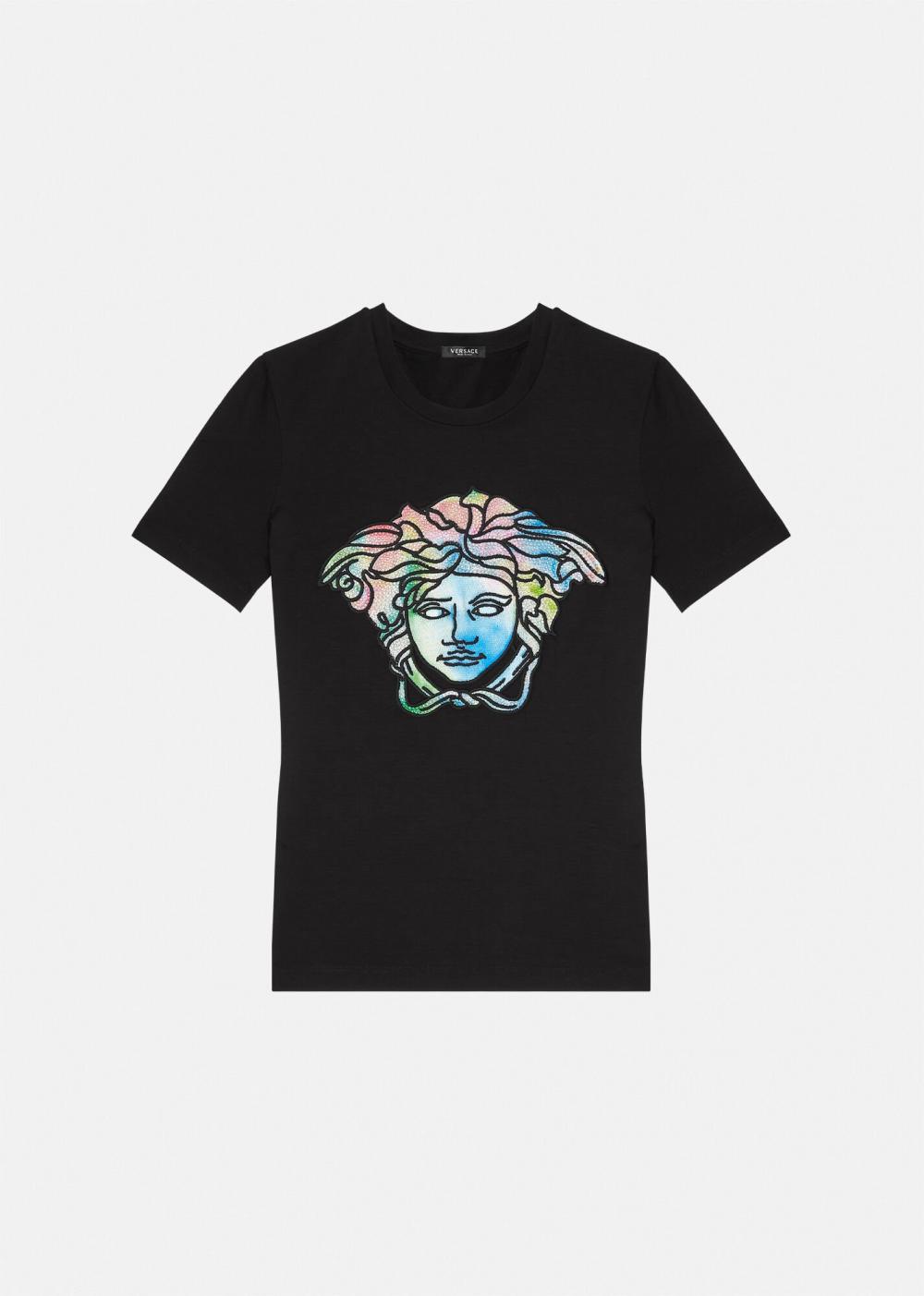 40 NEW $725 VERSACE Black LOGO RAINBOW MEDUSA CRYSTAL Fitted