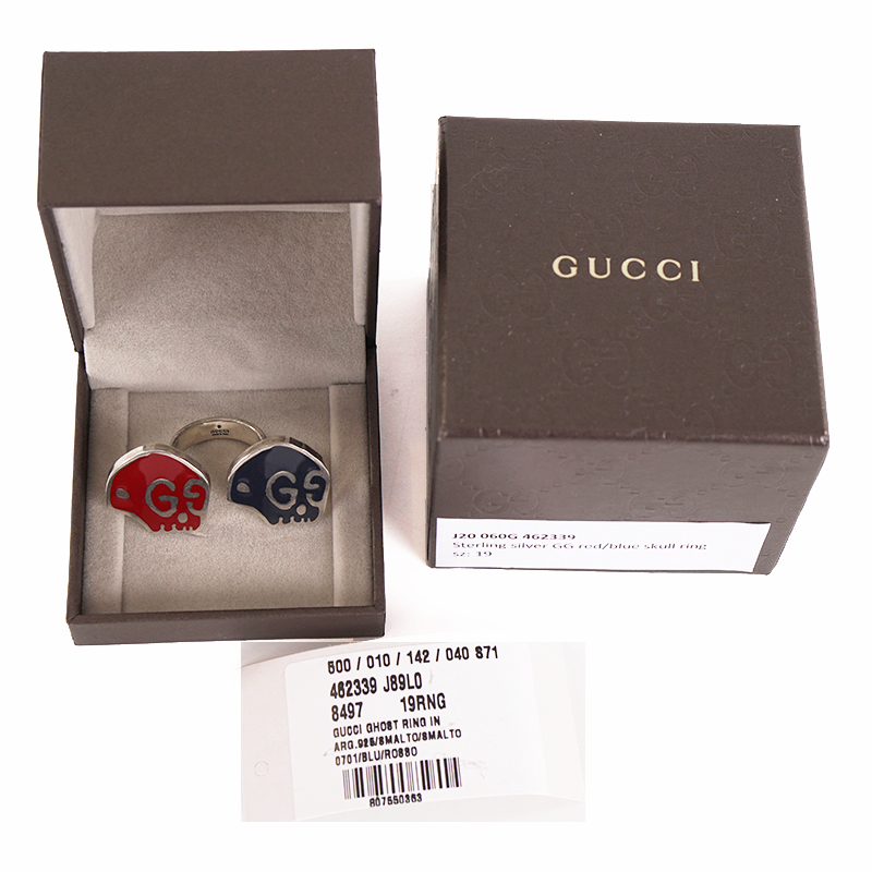 sz 19 NEW $430 GUCCI Sterling Silver Enamel HAMLET GHOST SKULL