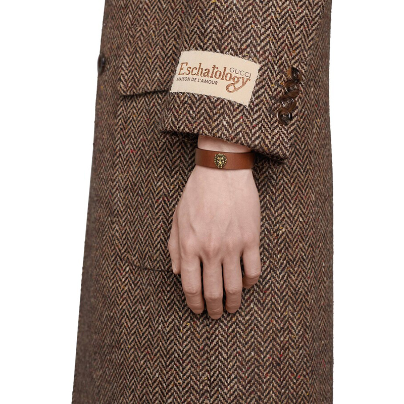 M NEW $525 GUCCI Brown Leather Aged Gold Metal LION HEAD LOGO