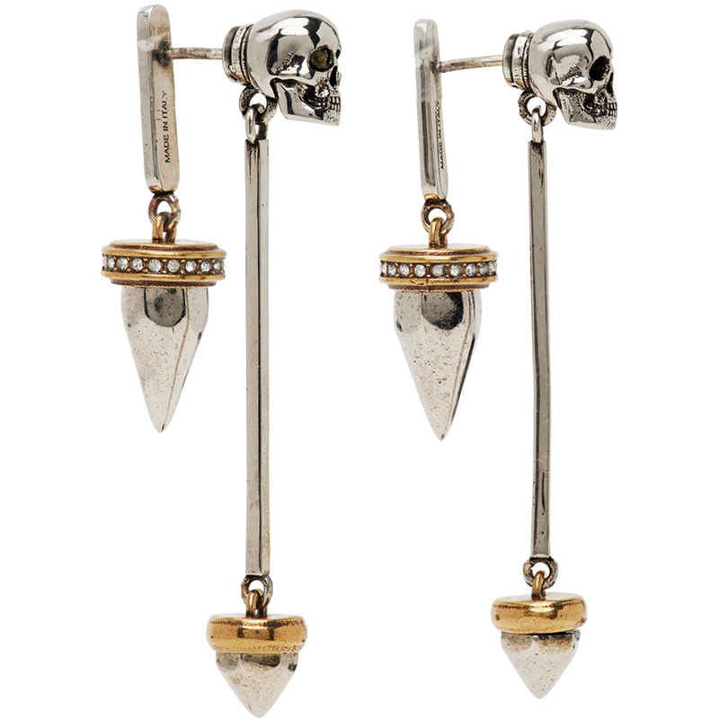 NEW $650 ALEXANDER MCQUEEN Silver Tone Brass SKULL STUD Drop