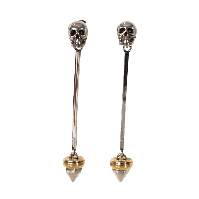 NEW $650 ALEXANDER MCQUEEN Silver Tone Brass SKULL STUD Drop