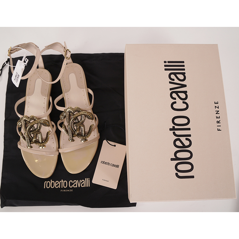 Roberto Cavalli Beige Crocodile Pattern Sandals 10.5 38 NEW $835 ROBERTO CAVALLI Nude Patent Leather GOLD RC  main image 2