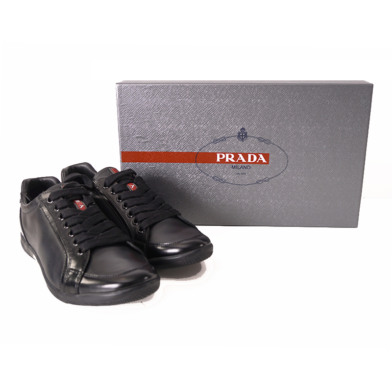 US 8/8.5 NEW PRADA Mens LINEA ROSSA Black All Leather RED