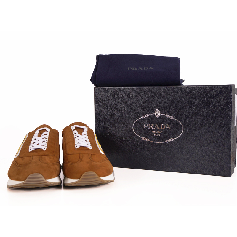 UK 9 US 10 NEW PRADA Brown Suede YELLOW LOGO Milano 70  display picture 3