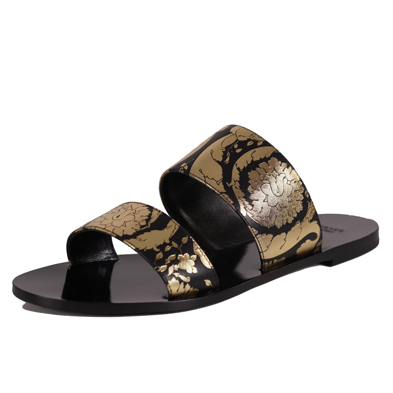 Versace Black Floral Leather Slides Flip Flops Versace Men main image 4