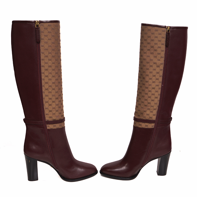 37 NEW $1590 GUCCI Micro GG Canvas Bordeaux Leather FINN KNEE