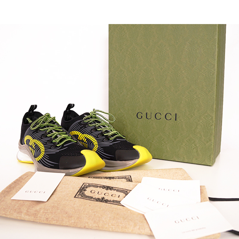 12G US 12.5 NEW $950 GUCCI Black Gray Tech Fabric YELLOW LOGO GG