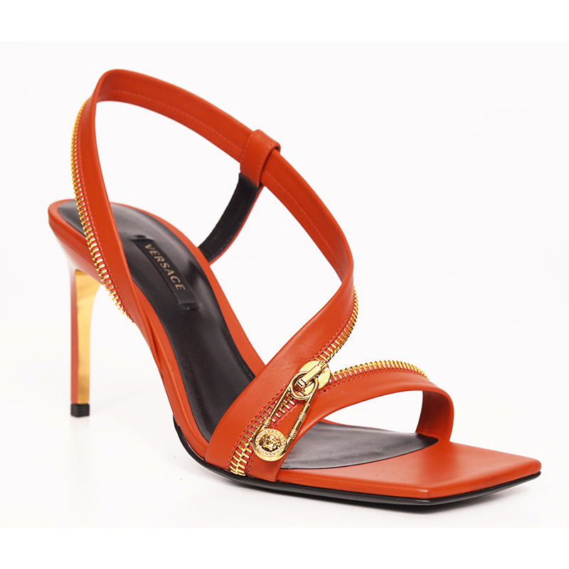 37.5 NEW $1440 VERSACE Runway GOLD LOGO SAFETY PIN Orange-Red
